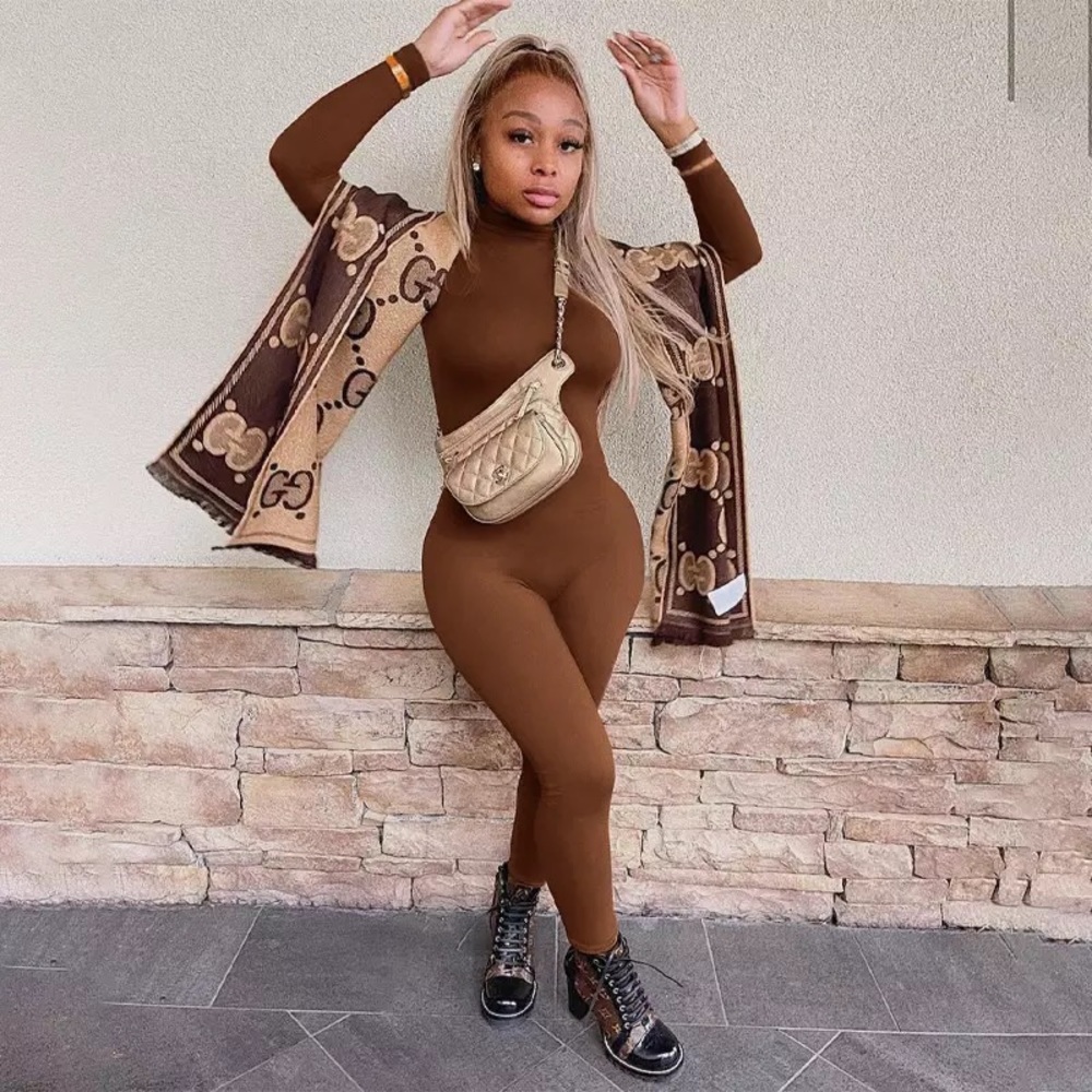 CHOCOLATE BROWN HIGH NECK FLEECE LINED JUMPSUIT